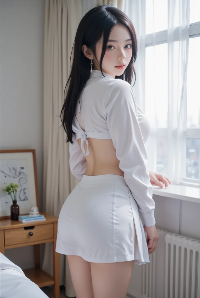 (hig彼st quality、8k、32k、masterpiece)、(Realistic)、(Realistic:1.2)、(High resolution)、Very detailed、Very beautiful face and eyes、1 girl、Delicate body、From Okinawa to the coast,(hig彼st quality、Attention to detail、Rich skin detail)、(hig彼st quality、8k、Oil paint:1.2)、Visible breasts,Smile,Sex Appeal,shy,Very detailed、(Realistic、Realistic:1.37)、Bright colors、Full Body Shot, (high school girl:1.6, White blouse, long pleated skirt of dark blue color, tie), short hair, (((-yeld gi slim, The body is slim, Large Breasts, Round and seductive ass,Walking closet)))