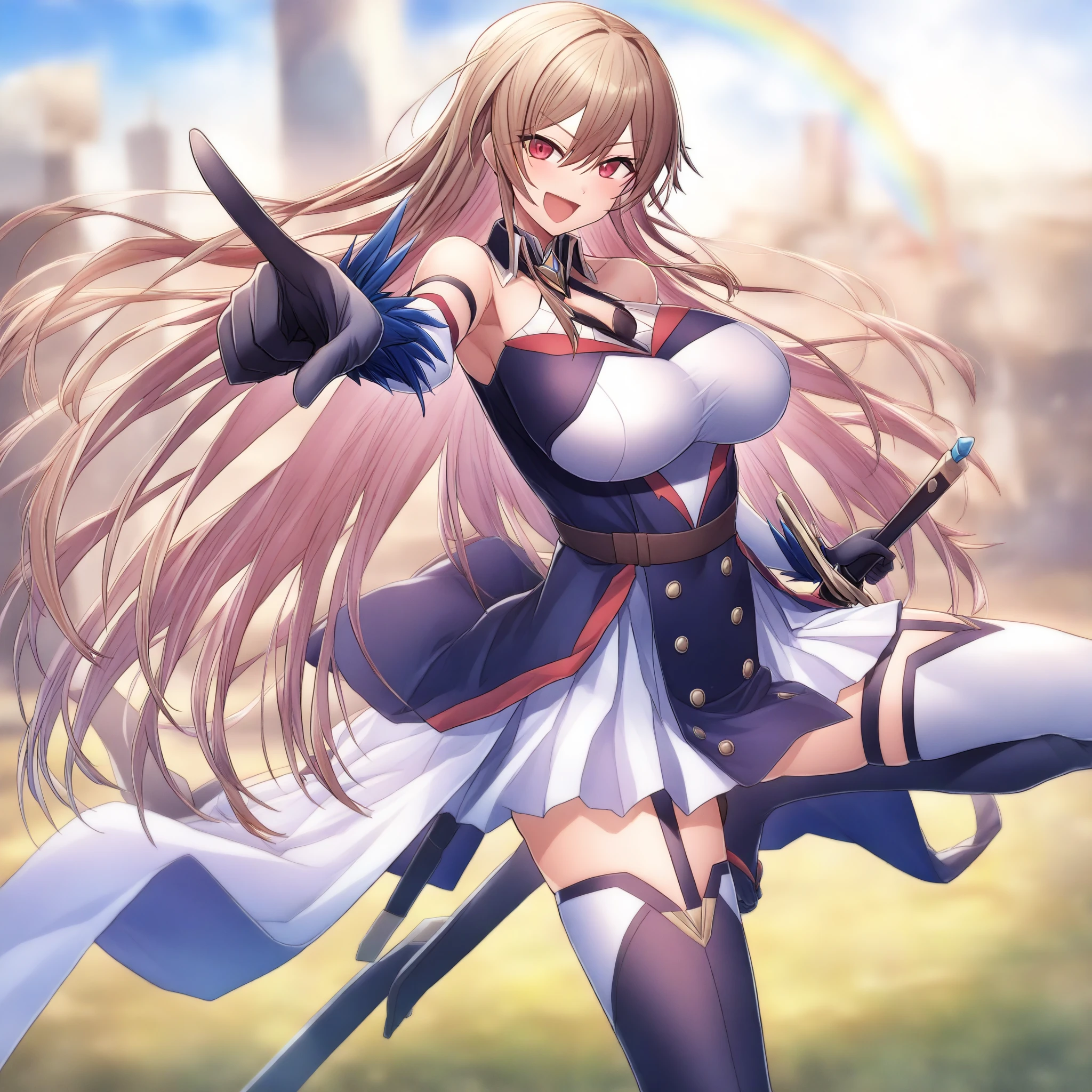 masterpiece,best quality,kim_kwang_hyun, 1girl,yaemikodef, chunky, solo, brown colored hair, large huge breasts, looking at viewer, Green eyes, earphones, deep Brown colored hair, bangs, large huge breasts, long sleeves, dress, cleavage, closed mouth, weapon (( hand edge)), puffy sleeves, arm up, clothing cutout, copyright name, red dress, cleavage cutout, juliet sleeves , power armor, shoulder armor, large deep Brown colored hair, green eyes, coy Smile