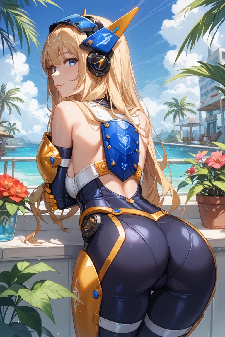 (Very detailed、Highest quality、Best image quality、masterpiece、8k)、(shoulder-length blonde hair:1.5、Medium Long Hair)、(smile、Open Mouth) 、(Hilarious)、(Big eyes)、(Beautiful and shining eyes)、(Detailed anime eyes)、(Puffy eyes)、(Big Breasts:1.8)、((SFW Huge Body:1.5))、(Wearing bikini armor:1.5、High leg T-back:1.5、Arm Armor、Leg armor:1.5、Waist belt:1.5)、(Cowboy Shot)、(Turn around and show your ass:1.5、Rear View:1.5)