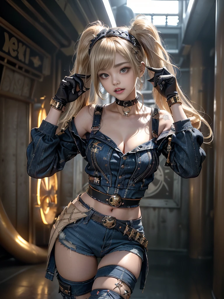 (Full Body View:1.4)、(Full body:1.3)、(Smiling with teeth showing:1.3),(Shibuya Gal:1.5)、(Gothic ta style fashion:1.5)、(Punk RockVisual Kei:1.5)、(Wearing a rhythmic gymnastics bodysuit with intricate details:1.4)、(Racing suit and pants with intricate turquoise, denim and charcoal decorations:1.5)、(Denim and light blue and turquoise boots:1.3)、((belt))、(Numerous delicate logo marks all over the costume:1.4)、(collar:1.3)、(Polka dot underwear:1.5)、20-year-old、NSFW、((Highest quality、In 8K、masterpiece:1.3))、Sharp focus:1.2、(Layered Cut、Huge boobs:1.1),Beautiful woman with perfect figure:1.4、(do a gravure pose:1.3)、Slender Abs:1.2、Highly detailed face and skin texture、Detailed eyes、double eyelid,(Twin tails:1.3)、(Brown-golden hair:1.3)、Gravure idol、(The background is the stage of the fashion show:1.3)、(Slim body:1.3),(Make your legs thinner:1.4),(clavicle:1.1)