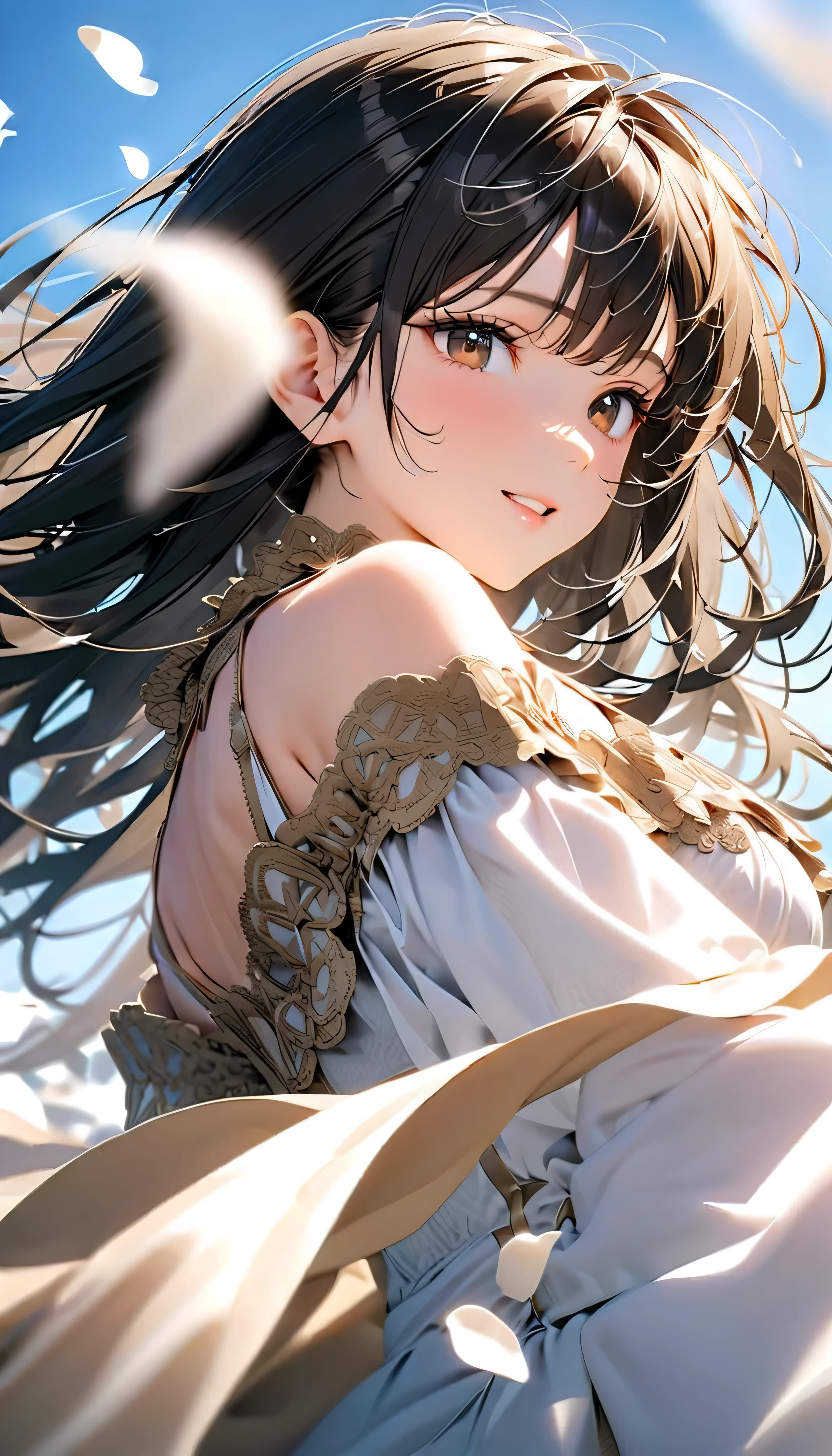 (Highest Quality:1.2, 非常にdetailsな, newest, Highest Quality, Best Aesthetics), 8K Ultra HD, 非常にdetailsな, details, bold configuration, (perfect human structure), beautiful and very delicate texture, (masterpiece:1.2, Highest Quality, Best Aesthetics, wind), (white petals dance:1.2, fantastic blue sky background:1.4), (shallow depth of field:2), windでwhite petals dance, delicate and dynamic, (Light reflection:1.2), (Halation of light:1.2), Romantic and sweet style, コンセプトアートwind, Blessed Virgin Mary white dress, bright light, Beautiful World, New World, accurate, dynamic angle, angel, 1 woman, upper body shot, black hair, , dark eyes, young, Textured Skin, Shiny Skin, charming smile, Girl Beauty , Miraculous Beauty Symbol, ((( white dress with lavish embellishments:1.2))), 2.5d, realistic