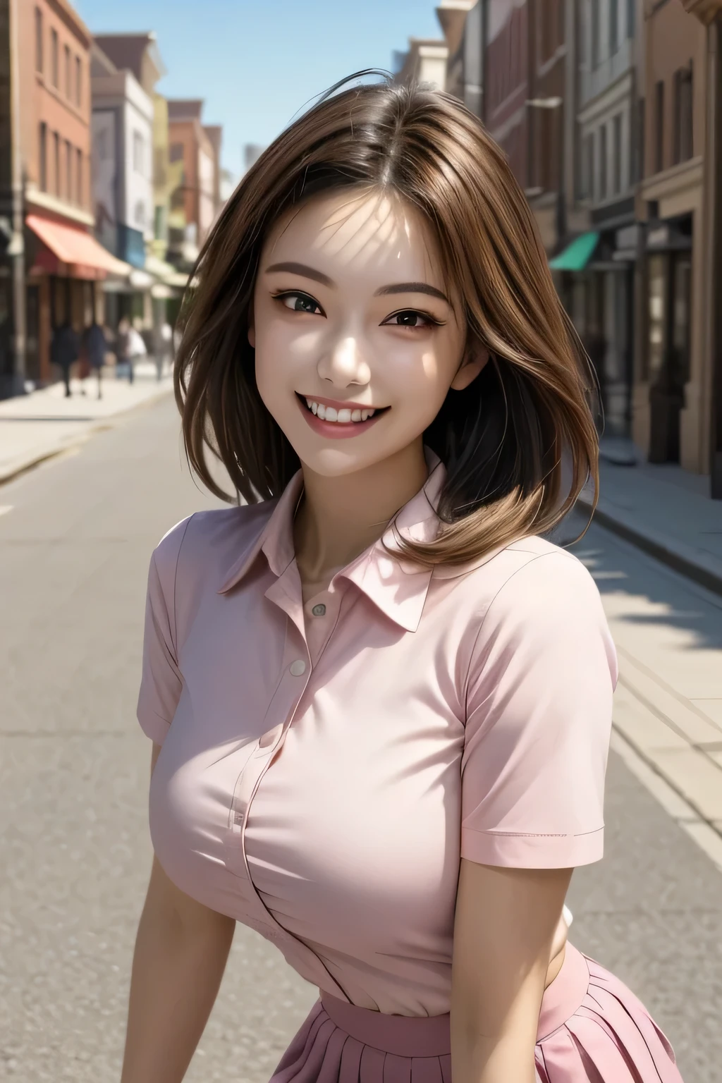 (photorealistic:1.4), (Very Detailed), (best quality), (best shadows), (masterpiece), super high resolution, 1 Ultimate Beautiful Japanese girl, solo, very elaborate face, grin, (Perfect Teeth), beautiful dark brown eyes, double eyelids, eyelashes, lip details, brunette hair, middle Breasts, smile, (light pink collared shirt:1.2), (tight mini skirt), thighs, description boundary depth, perfect lighting, (background: main street)