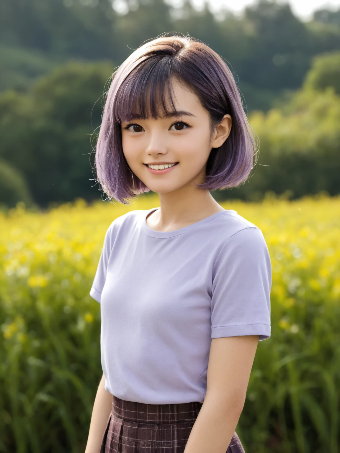 (8K,RAW photos,highest quality, masterpiece:1.2),(realistic art:1.2),1girl,Gray lips,(purple hair:1.1),short hair,young girl,flat breasts,extremely detailed,blue sky,trees,white shirt,cropped top,black school skirt,Stomach,bangs,hand on cheek,smile
