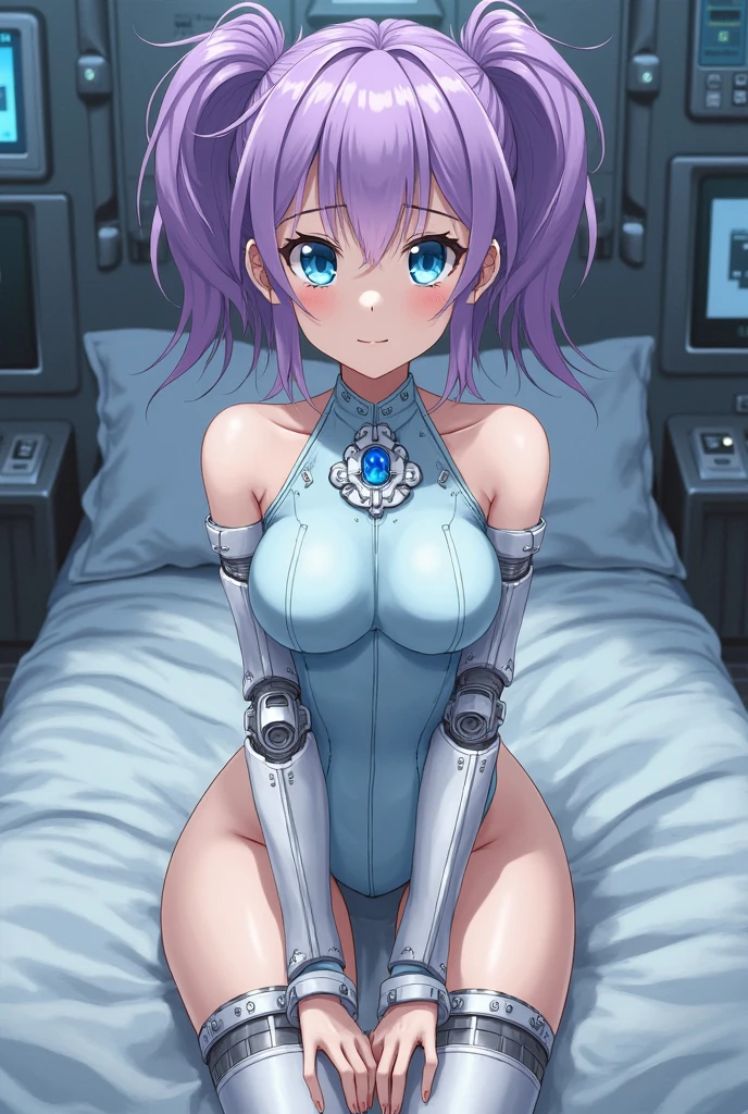 Best quality, masterpiece, big breasts, cybernetic left arm, bedroom, gaming laptop in background, sitting on a bed,