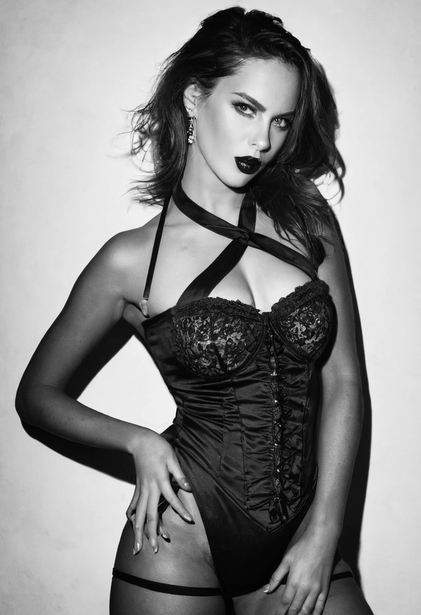 fantasy art deco (art deco: 1.5) A (black and white: 1.5) glamours (vampire: 1.5) model shot, RAW, award winning, of an exquisite beautiful 1solo female vampire, ultra feminine, full body, busty woman, most beautiful face, long hair, wavy hair, pale skin, glowing (eyes, wearing silk corset, stockings, wearing intricate high heels, lying in bed, light make up, modern day high society bedroom background, (black and white filter: 1.4), (anatomically correct: 1.4), 1920s photoshoot style, picture taken from dynamic range, ultra wide shot, photorealism, depth of field, hyper realistic, black_and_white_1920s_style
