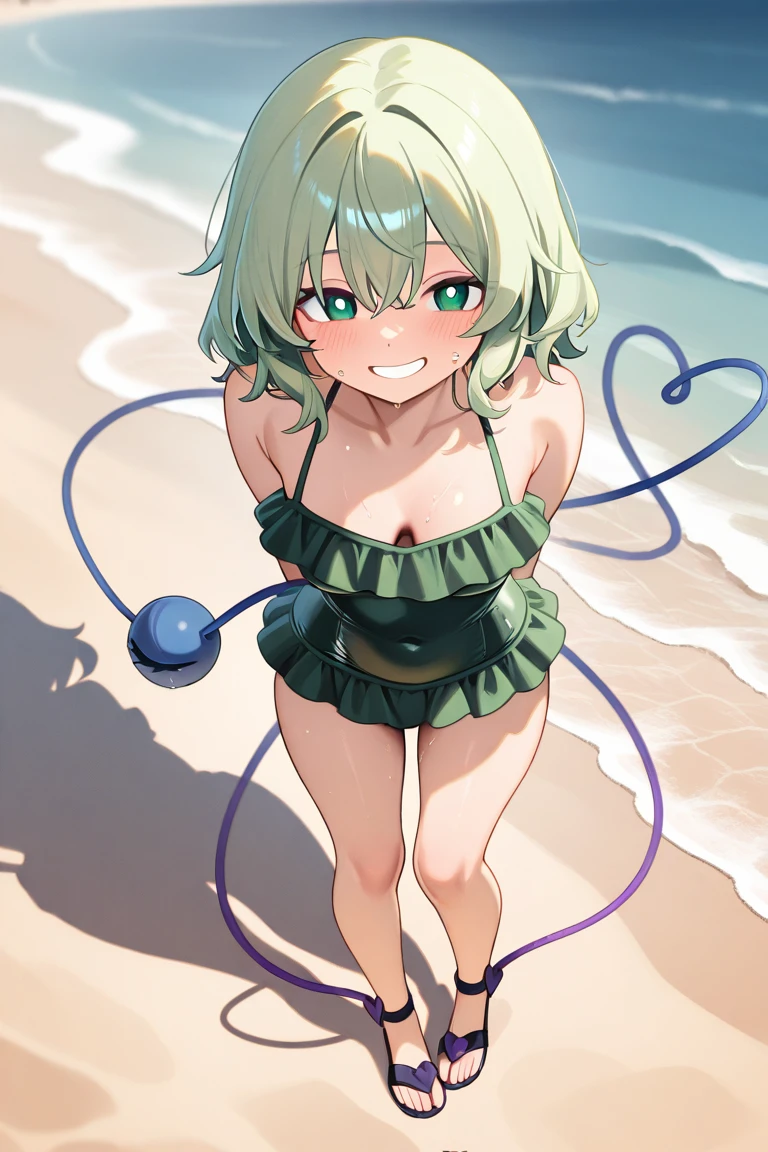 (((masterpiece))), ((Highest quality)), (Very detailed), ((High resolution)), ((8K)), ((Anatomically correct)), One very cute girl, Baby Face, (Young face), (Small breasts), (Tatsumaki), Beautiful nipples, Short Hair, Dark green hair, Letting down your bangs, (Short), (Petite), Charming smile, Emerald Eyes, Best moment, Delicate arms, Detailed skin texture, Intricate details, Very detailedな顔, Beautiful thighs, Beautiful curves, (Sweating), In the pool at night, ((Cute frilly bikini)), (Embarrassed and shy), Fancy decoration, Colorful lights, Love your audience, Mouth open,