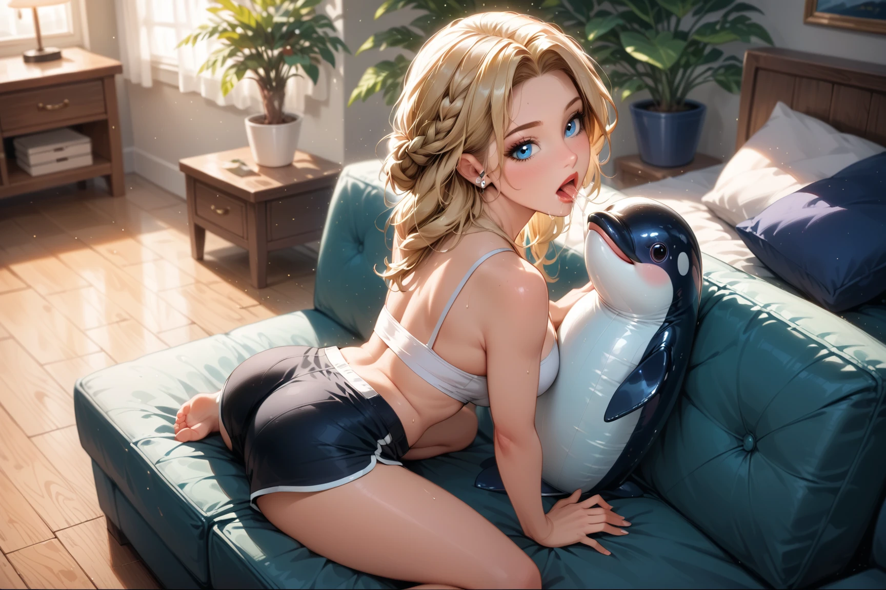 Ochaco Uraraka, big cleavage, bikini, barefoot, full body, big bust, kneeling, eye contact, looking at viewer, forced fellatio, head grab