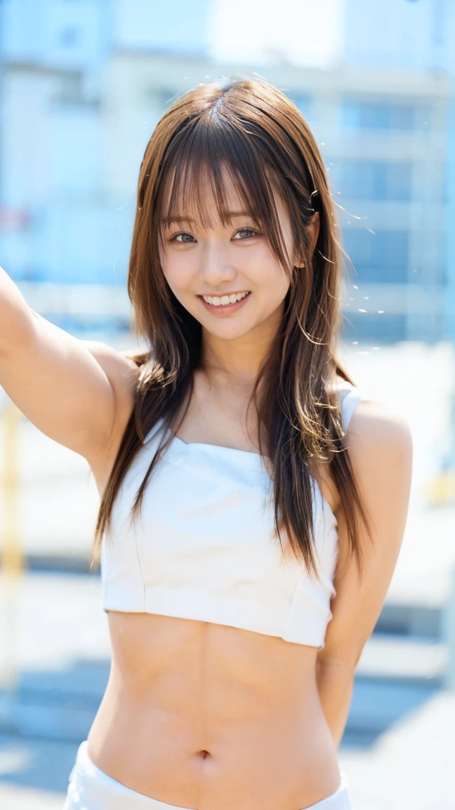 一段上がった広い舞台の上にone womanの子、big breasts、concert venue、singing and dancing、one woman、masterpiece、((extremely realistic、Extremely realistic))((Extreme photo quality、Extremely high image quality、Increase saturation and contrast))((bright smile、smile))、((、beautiful hair、bright hair color、Super Long Straight、moist hair))(drooping eyes、sparkling eyes、stare)(((16 year old girl、small face、Super Baby Face、make、Surreal texture)))(Extremely realistic skin、Extremely fair skin)beautiful armpits、firm chest、超big breasts、Round Breasts、thin waist、constriction、long legs(Detailed US Air Force Pilot Captain Uniform、cleavage、I can see your belly button)、 (Khaki shorts)、(Knee-high boots)((The atmosphere is colorful concert lights,Upper Light、 Create a seductive glow around her))full body shot from below、Stand and dance sexy