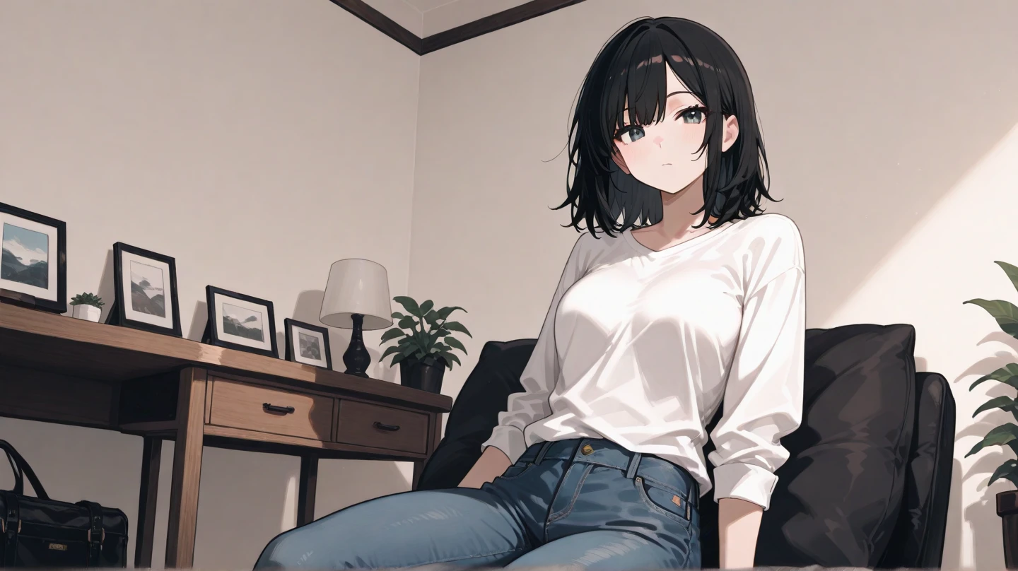 masterpiece, best quality, 1boy, solo, dark hair, dark eyes, beige shirt, t-shirt, denim, shorts, sitting, living room, couch, frown, looking at viewer