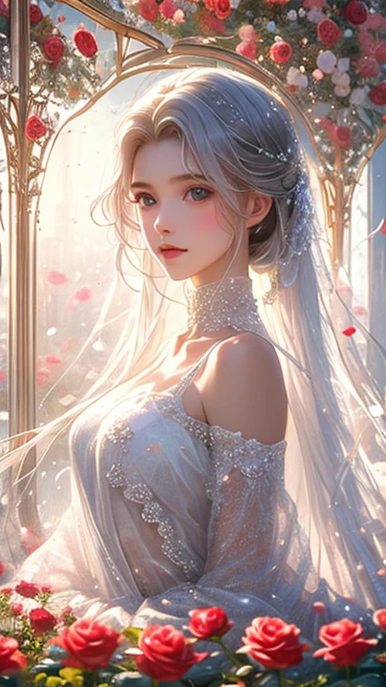 1个Giant Breast Girl，Full body photo，Flaxen hair，floated hair，Hazy beauty，Extremely beautiful facial features，White embroidered dress，with a hairpin on her head，Lie in the flowers，The hand dragged the chin，perfect hand，Rose flower，（springtime， Rainy days，butterflys，precipice）， Simple vector art， Contemporary Chinese art，  the soft light， Tangled scarf，Overlooking，white lace chemise，Sleep on the grass