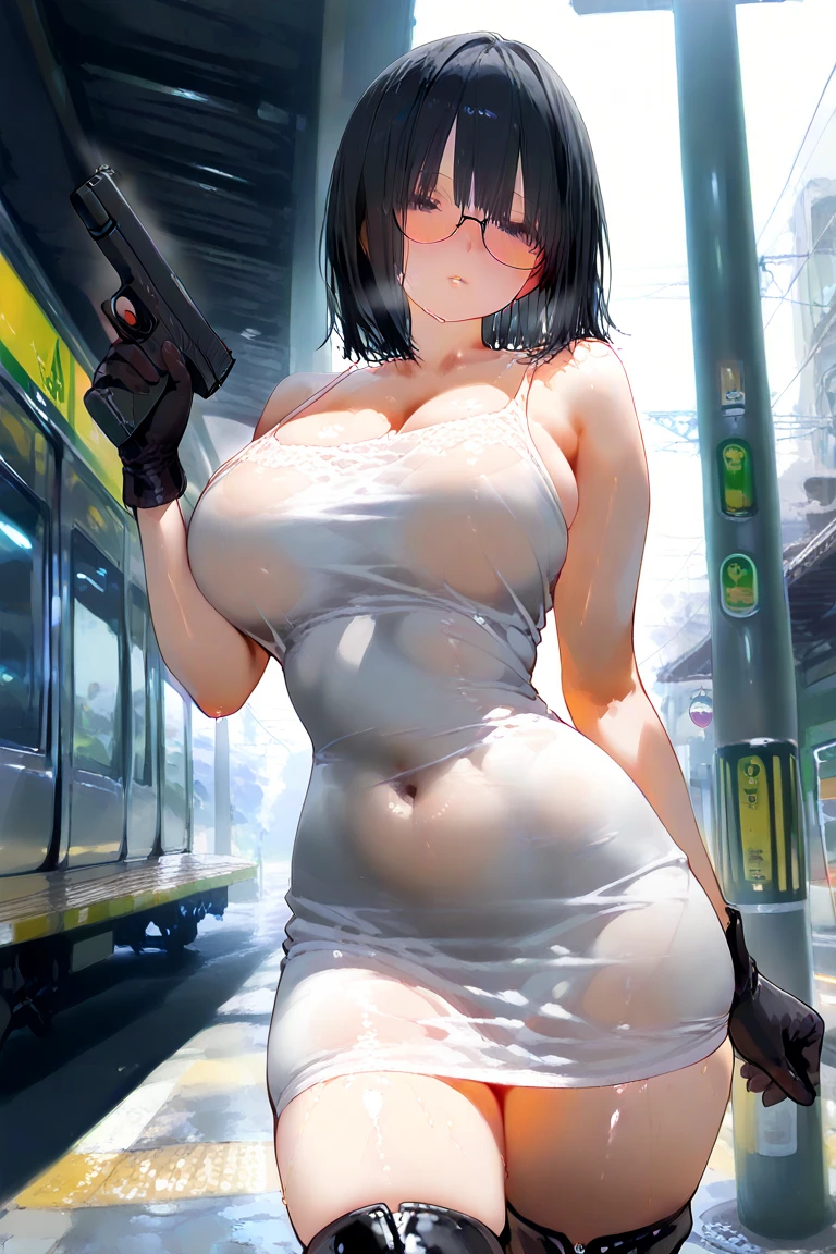 (in 8K, Raw photography, Top image quality, masterpiece: 1.4), The ultra -The high-definition, (realisitic, Photorealsitic: 1.4), 20yr old, cute little,1girl in, (See-through white ultra micro bikini:1.48), (爆乳:1.3),shorth hair, (Wet skin),Splattering sweat,Sweating,crouching down,Back alley,cowboy shot, Forward-facing,Open your mouth wide, Zeiss 150mm f/ 2.8 Hasselblad、Voluptuous thighs、eat into、(Take off your coat:1.48),Scream so much that you can see the back of your throat、Beige trench coat,Garter Belt,stroll,((Thick blindfold)),Choker,((headphones))、Inter-strands