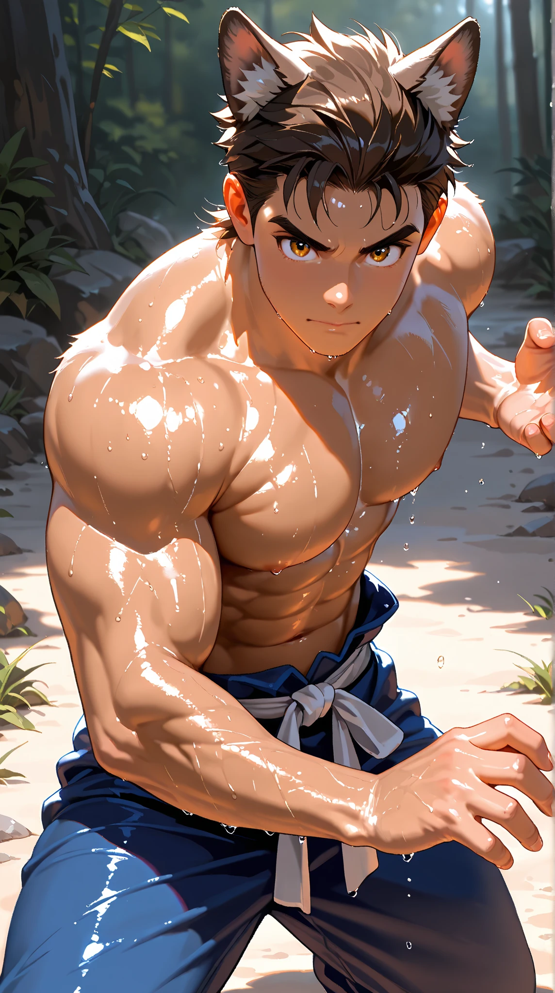 1boy, 1solo, ash ketchum, black hair, brown eyes, hair between eyes, ash ketchum, on beach, open shirt, short sleeves, shirtless, male swimwear, wet hair, wet skin, sweat skin, handsome boy, macho, good looking boy, sexy poses, windy