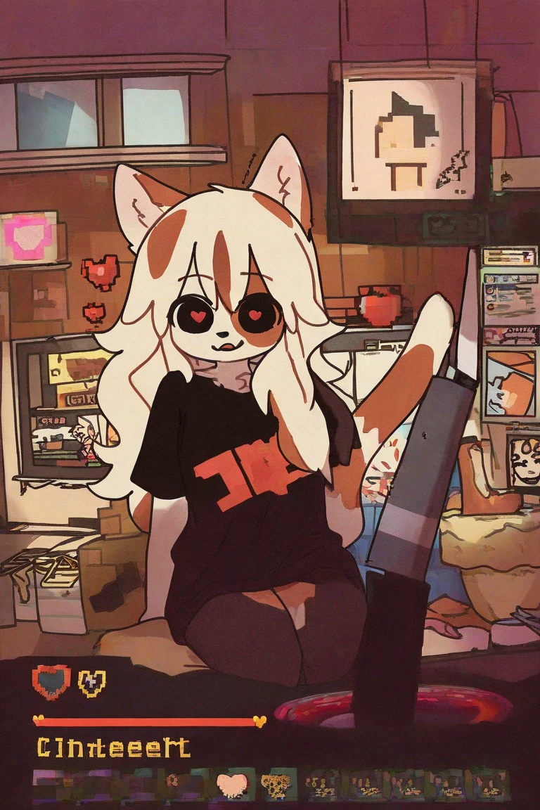 score_9,score_8_up,score_7_up, sierra, a young nerdy Anthro furry wolf woman, white furry body, tall, long black messy hair, hair covering one eye, elegant black glasses, long black hair, blue eyes, small breasts, white wolf tail, wearing red shirt, black panties,sitting on a gamer chair, leaning back, holding a ps5 gaming controller, looking forward, mouth open, in a messy bedroom,