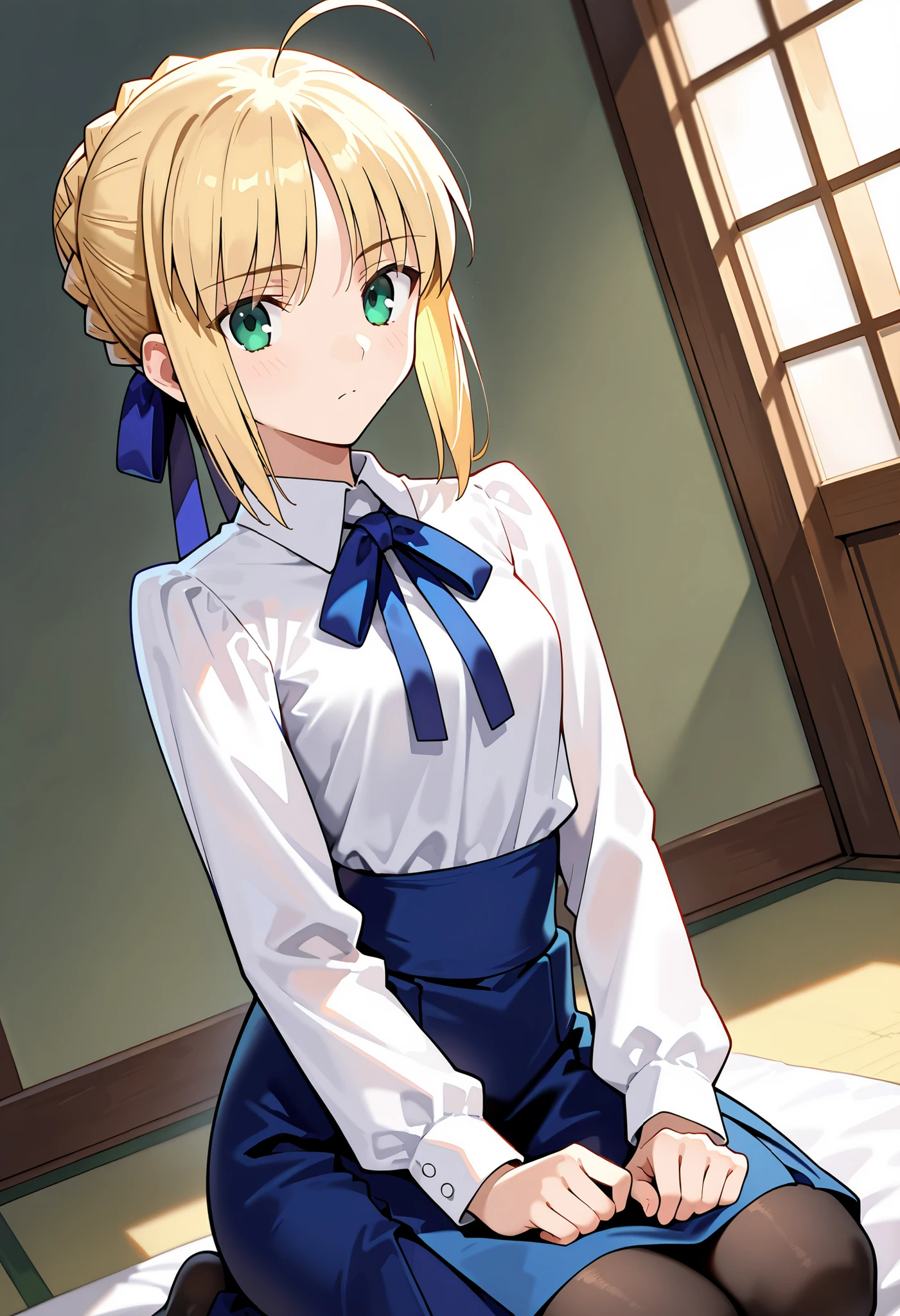 score_9, score_8_up, score_7_up, source_anime,dutch angle, absurdres,masterpiece,perfect anatomy,high resolution, ultra-detailed,dutch angle,artoria pendragon, artoria pendragon (fate), saber, long hair, blonde hair, braided bun,green eyes, ahoge, small breasts,skirt, shirt, long sleeves, ribbon, white shirt, pantyhose, black pantyhose, blouse,seiza,