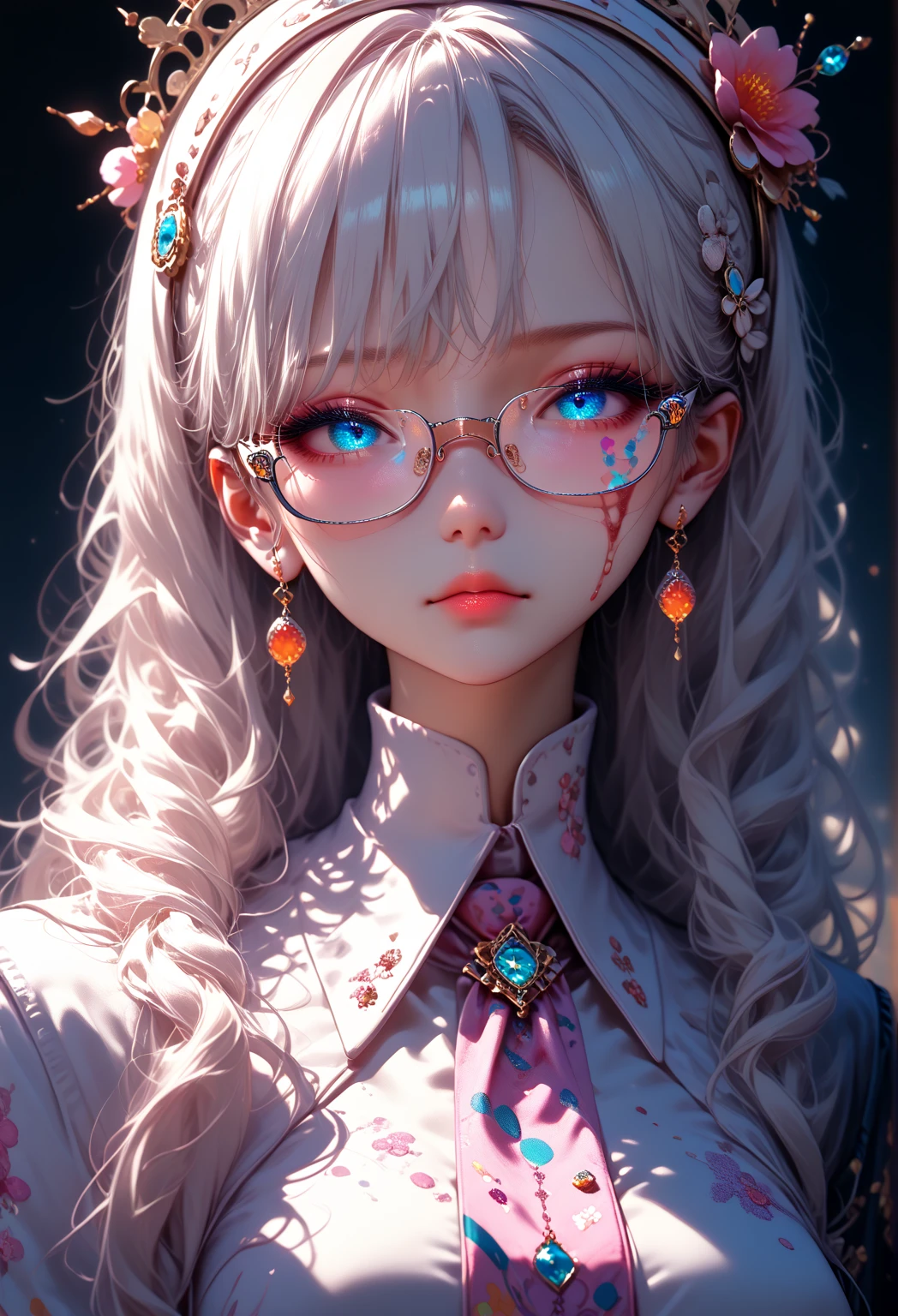 The anime is not a good choice, 1 girl, bee, thick hair, long bangs, 2 white horns, large circle lenses, white beret on head, sales, sky blue eyes, top gris, Short negro, black lace-up sneakers, SERIOUS LOOK, concerned, character