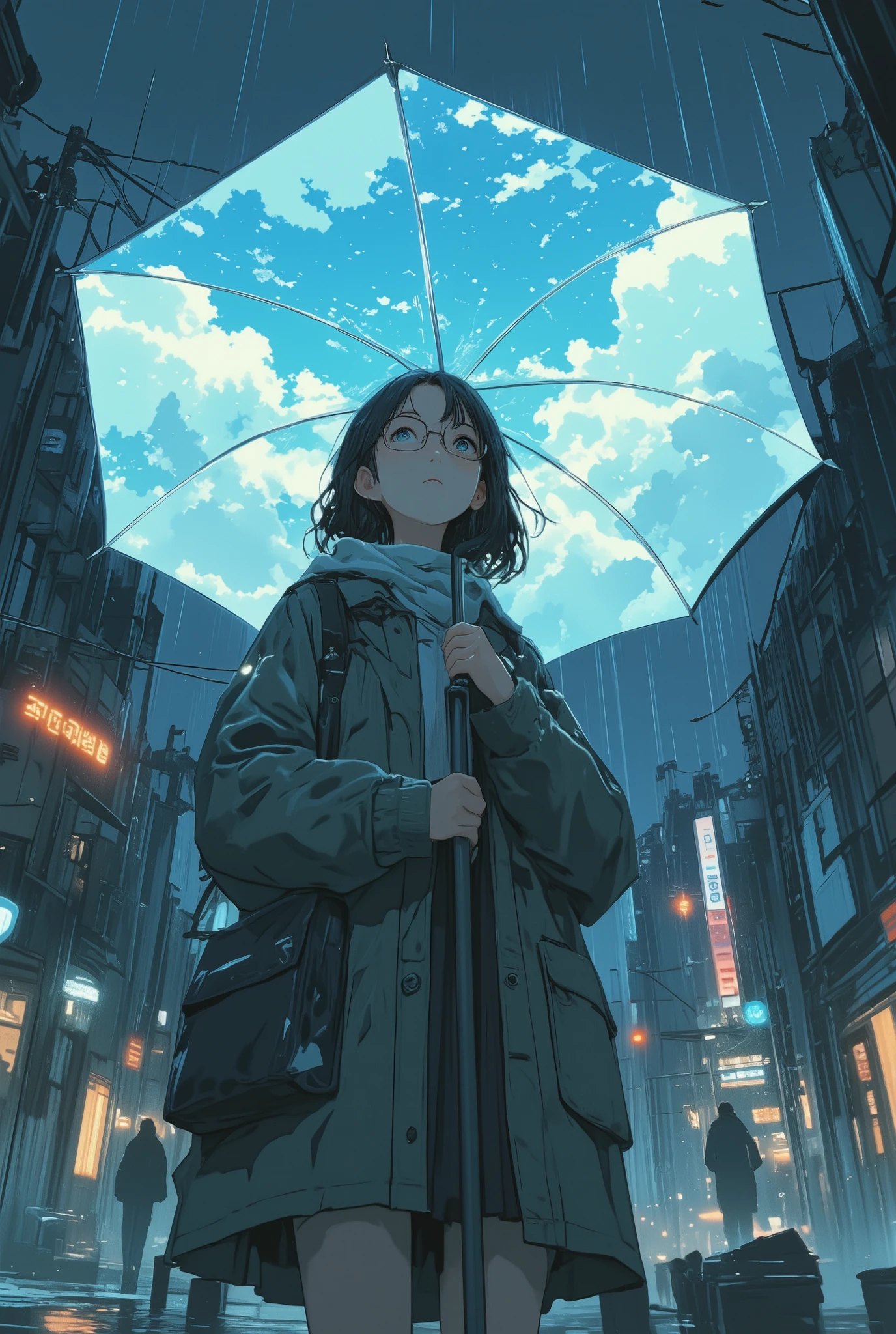 photo-realistic cinematic scene, a woman with glasses standing in the rain, holding an umbrella open above her, but the inside of the umbrella reveals a bright blue sky with soft white clouds, glowing light radiates subtly from within, while the world around her remains grey and wet, reflections on puddles and raindrops on her coat, her expression is peaceful and contemplative, surreal and magical realism atmosphere, shallow depth of field, inspired by poetic visual storytelling, ultra detailed, masterpiece, best quality, aidmamj6.1
