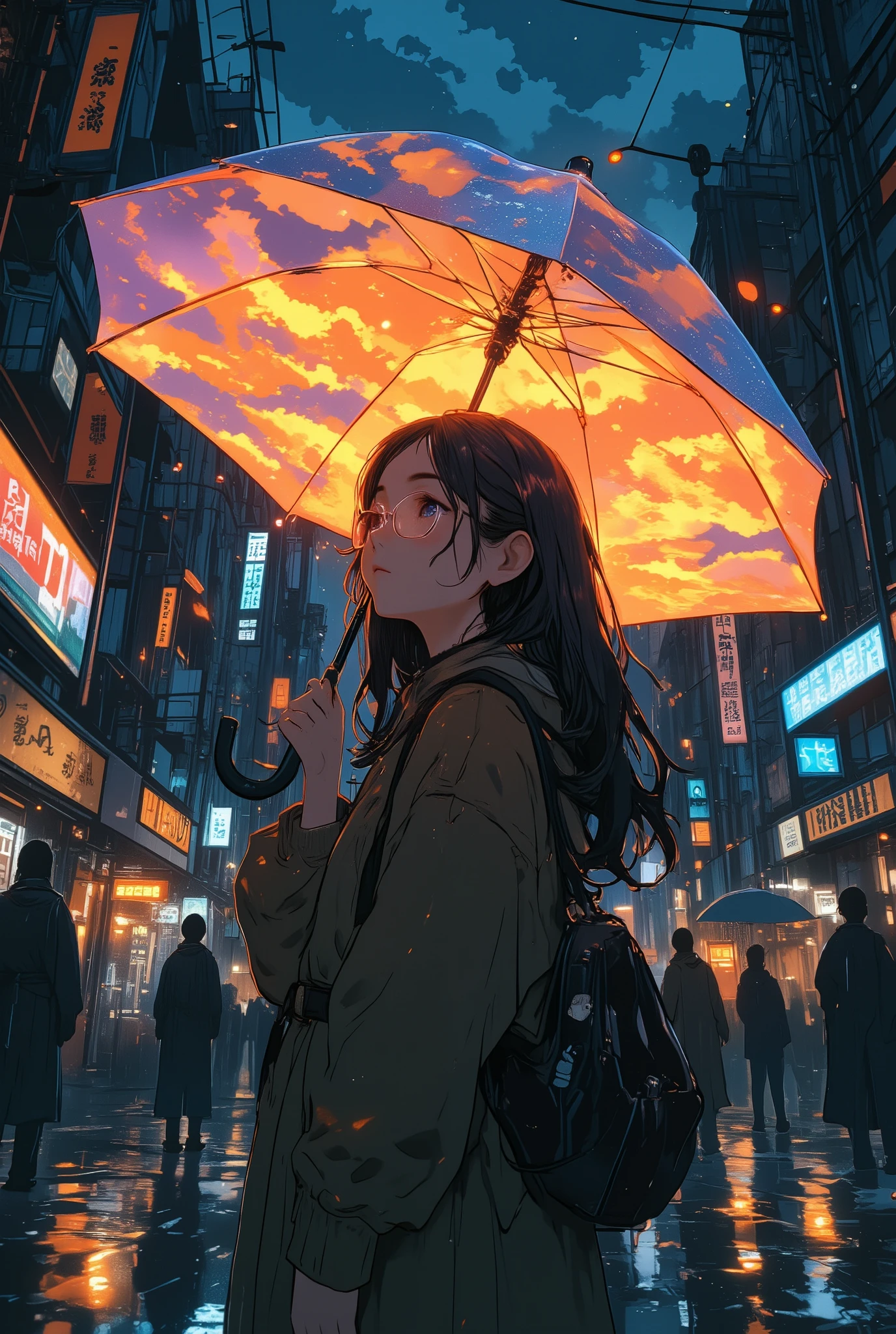 photo-realistic cinematic scene, a woman with glasses standing in the rain, holding an umbrella open above her, but the inside of the umbrella reveals a warm sunset sky with glowing orange, pink, and purple clouds, golden light softly illuminating her face, while the rainy street around her remains dim and cold, surreal emotional atmosphere, shallow depth of field, inspired by cinematic visual poetry and magical realism, ultra detailed, masterpiece, best quality, aidmamj6.1