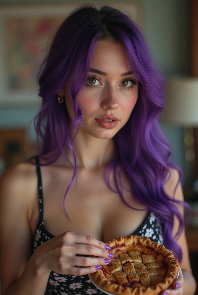 ((best quality)), ((masterpiece)), (detailed), gorgeous young with perfect face Purple hair. with warm skin and blue eyes poses Eating at the ground table