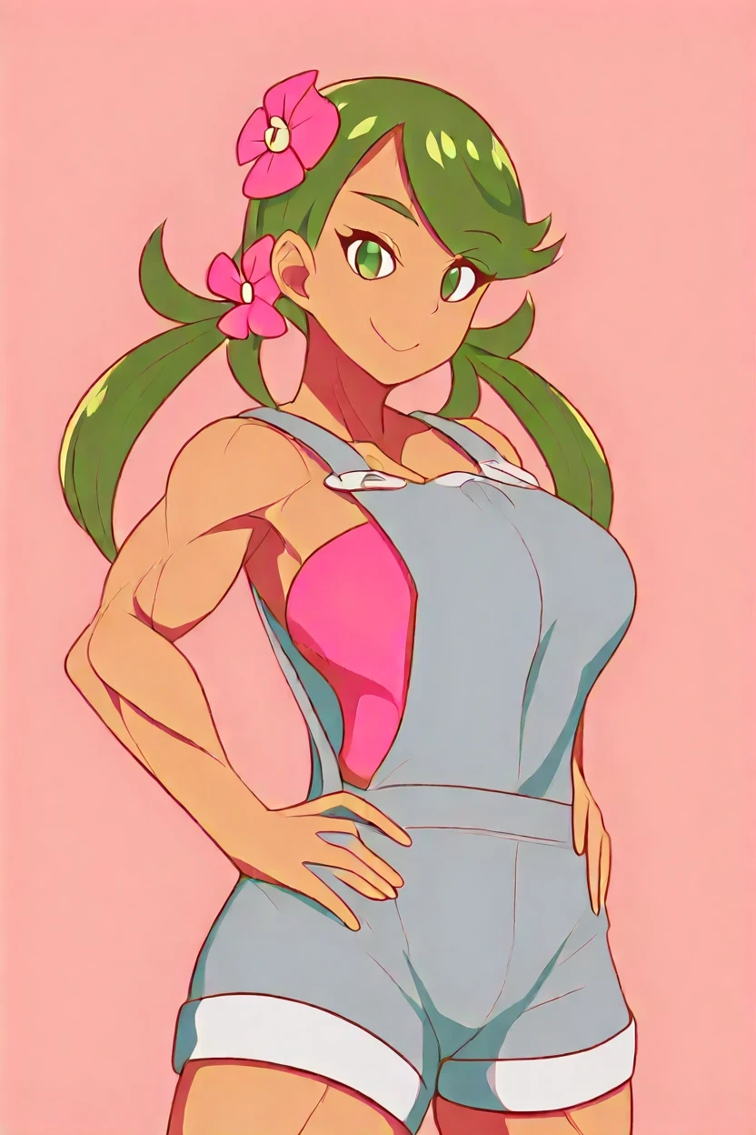 傑作、最高品質、absurdres、muscular girl、deltoids、biceps、triceps、brachioradialis、hamstrings、adductor magnus muscles、big breasts、large breasts、toned body、Dark Skin、black、(curvy)、sexy、cute、eyelashes、vivid colors、BREAK、 ,,, zz Mallow、solo、green hair、strong muscles、green eyes、muscular and strong、hair flower、hair ornament、swept bangs、twintails hair、grey overalls、pink tube top、sleeveless、tube top under overalls、grey shorts、、 ,,, smile、cowboy shot、looking at viewer、 ,,, tropical beach、plants、standing on towel、