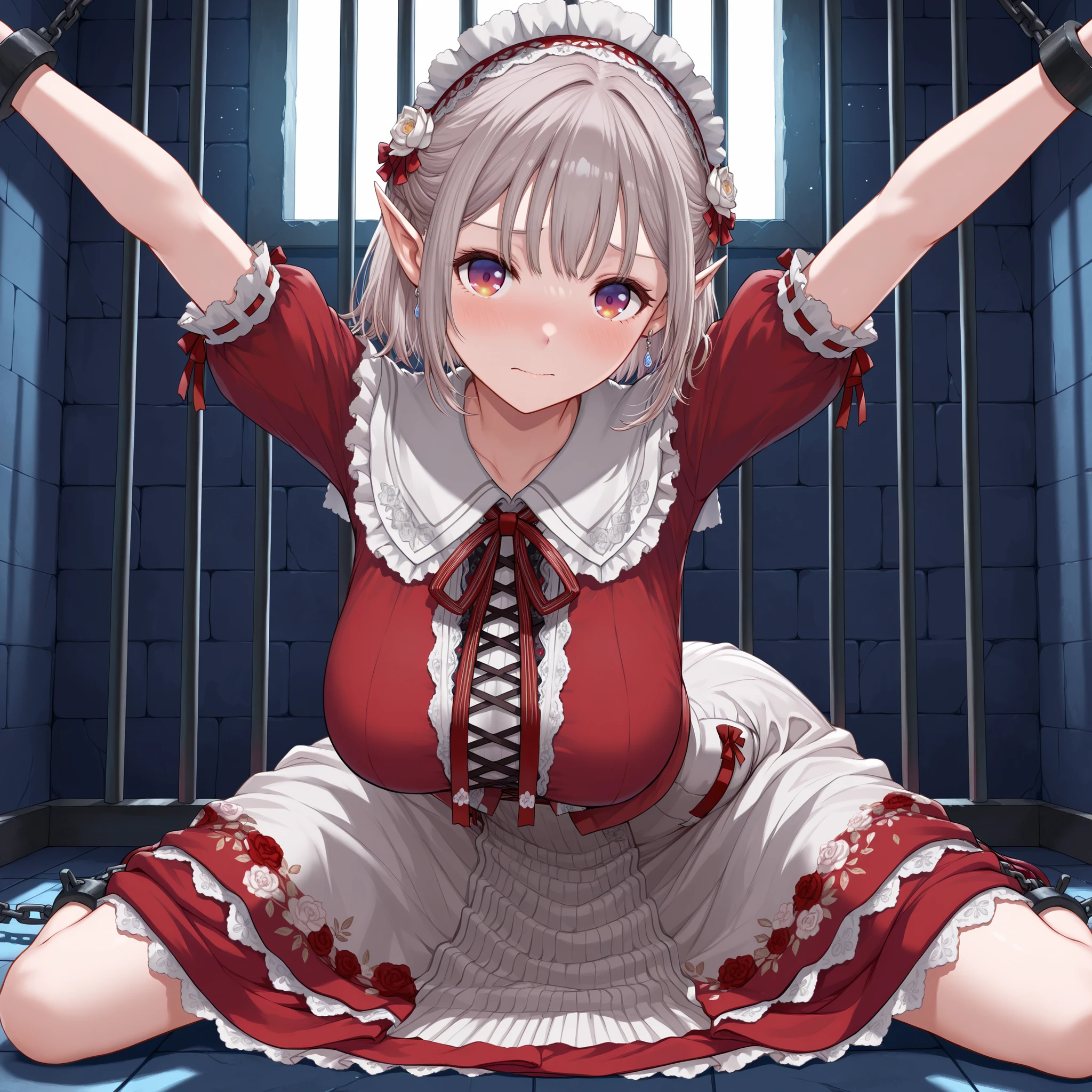 masterpiece,best quality, amazing quality, highres, absurdres, very aesthetic, high resolution, ultra detailed, perfect details,niji-elu,,large breasts,gradient eyes,red eyes,purple eyes,grey hair,pointy ears,short hair,bangs,earrings,niji-elucos1,red dress,lace-trimmed dress,frills,white collar,lace collar,neck bow,puffy short sleeves,red sleeves,single wrist band,long skirt,layered skirt,red skirt,white skirt,frills skirt,print skirt,white rose print,head dress,frills head dress,look at viewer,On ground, arched back, spread arms, spread legs, chained arms, chained legs, Indoors, prison cell,looking at viewer, embarrassed,