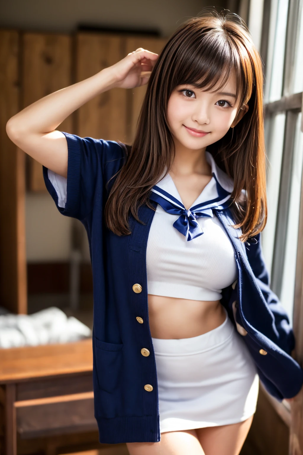 japanes、girl with、1人、sixteen years old、A dark-haired、length hair、poneyTail、High school students、A slender、high-school uniform、a sailor suit、やぶけた白いa sailor suit、Her lace underwear is visible from her bare chest.、shortsleeves、cleavage of the breast、Dark blue mini skirt、thighs thighs thighs thighs、knee sox、tiny chest、Gentle smile、lightly dressed、Skin revealing、decolletage、unclear、A hyper-realistic