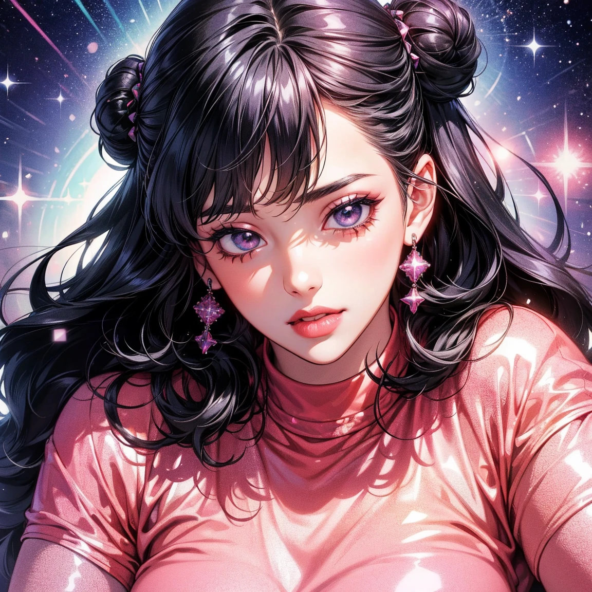 Girl standing in the clouds staring up as the stars, stars floating around her, brilliant colors, amazing swirls of cosmic dust, colorful vibrant, light particles, Create digital artwork in the Pop Art style, Featuring a vibrant and confident young Asian girl,street fashion (breast), Movie color scheme, Surrounded by vintage flower motifs, Vibrant brushstrokes,Emotions should be dynamic, Upper body, Drawing, illustration, escala cinza, tropical, Many flowers,
