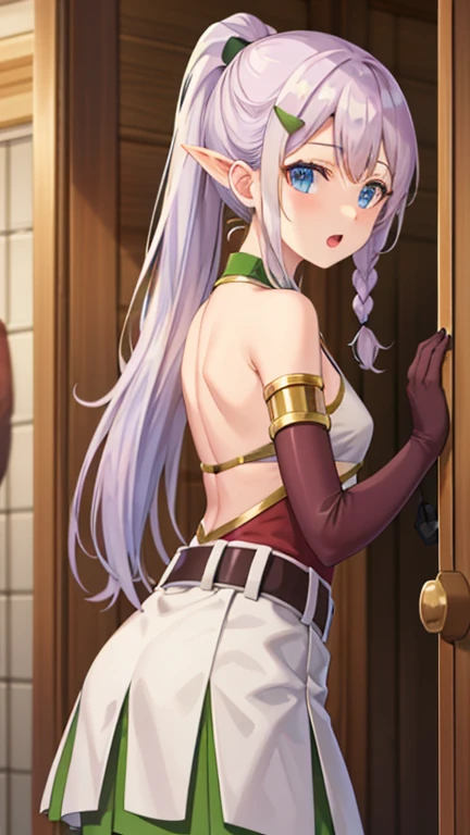 (Best Quality, Masterpiece),sexy, erotic, 1girl, 18 years old, Contempt, pride, long hair, ((green eyes)), looking at viewer, looking at viewer, warm light, (((small breasts))), butt, ((smirk)), (((white bunnysuit))), ( thighs), ((grabbing own ass)), smile, ((ass)), back, elf ears, ponytails, bunny ears, ((medieval bar)), ((sleeveless)), ((bare legs)), panties