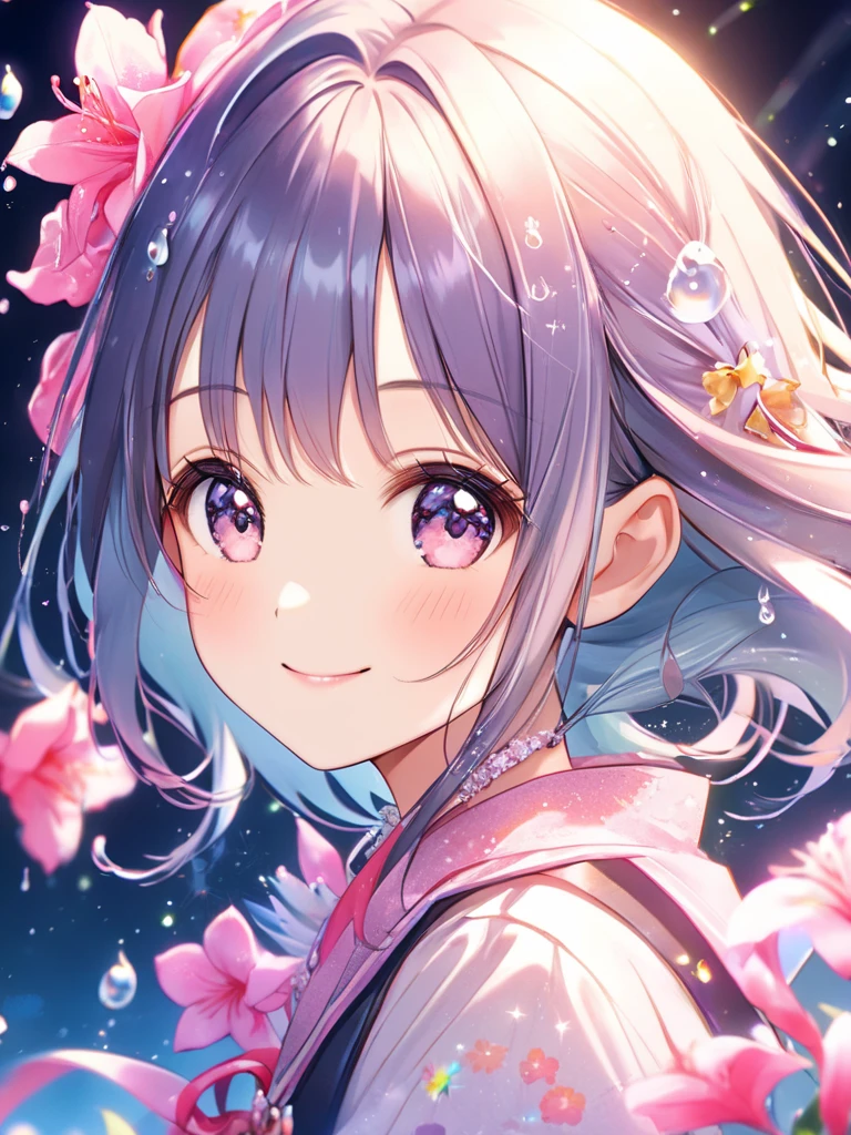 Highest quality, Highest quality, 16K, Unbelievably absurd, Very detailed, 2.5D, delicate and dynamic, universe space, water surface,Brightly colored coral, Small faint lights and flying fireflies, night, Flowers, Very delicate look, Delicate eye depiction, Upper body close-up, smile, dynamic sexy pose, Only sexy women, View your viewers,Healthy body shape, 22-year-old woman, Aristocratic women, height: 170cm, big, Hard, Swaying bust, Colorful floral ornaments, Crystal translucent kimono, Wrap the whole body in a translucent cloth, A complex structure of kimono, Colorful patterned kimono, A dress with a pattern of cherry blossoms, birds and Mt. Fuji. A dress that floats in water.,