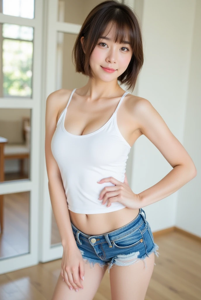 A very cute girl, solo, young, wearing purple tank top and short pants, big breasts, white and smooth skin, standing, full body, red lip, medium hairs, at stair studio, realistic face