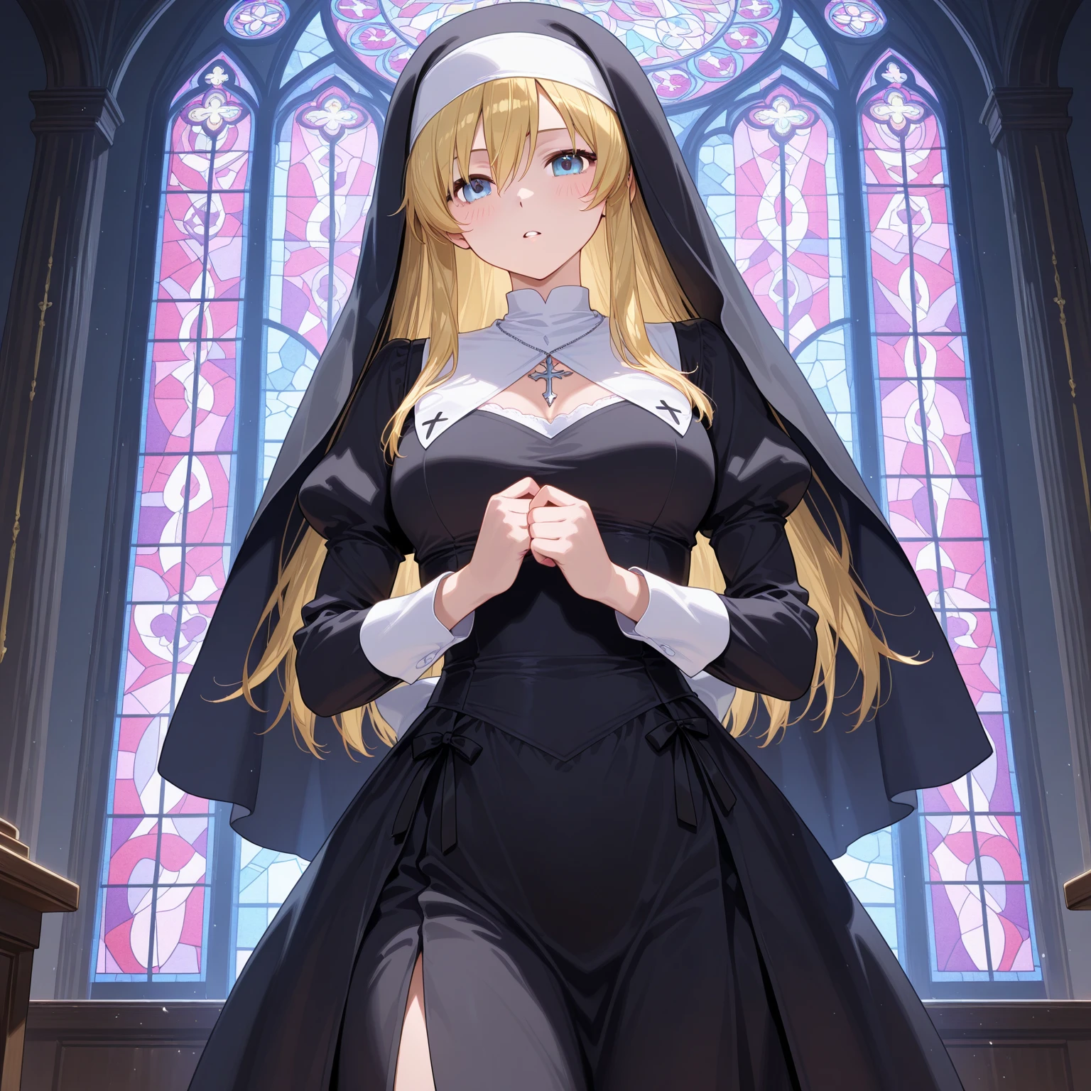 (masterpiece:1.2, best quality:1.1, highres,absurdres, high quality),(photorealistic:1.1),reflected light, colorful,ultra-detailed, ultra hd, super detailed,
AsiaArgento,blonde hair, long hair, parted bangs, ahoge, green eyes,dress, nun, cleavage, side slit, cross, gloves,smirk,church, cowboy shot, short dress, pantyhose, no headwear, dress lift, from below, looking at viewer, panties,
<lora:HighSchoolDxD_AsiaArgento:0.7> <lora:LowRA:0.3> <lora:unu修女V1:0.4>