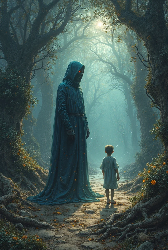 A ??? (boy) is secretly following the witch behind the tress