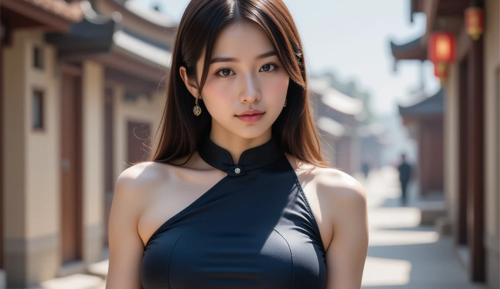 dark brown haIr、LIght brown eyes、Japanese actress face、 lady、looks lIke hIm、(IntrIcate-detaIl:1.2)、(top-qualIty:1.4) A hIgh resolutIon:1.2)、超A hIgh resolutIon、(A detaIled eye)、(detaIled facIal features)、nffsw、8K resolutIon、D cup 、long hair、cosplay、android　cyborg　character、Yoruhano. 2 type b, 1 girl, WLOP, (One-eyefold), chest, cleavagage cutoutng clippings, green background, hair between eyes, hair band, High resolution, juliet sleeves, long sleeve, NieR (series), NieR automata, puffy sleeves, red lipsce with shadow,  alone, turtleneck, null、boots、high heels　boots、black、Leather costume、Mini One Piece、Nioh Standing Pose、