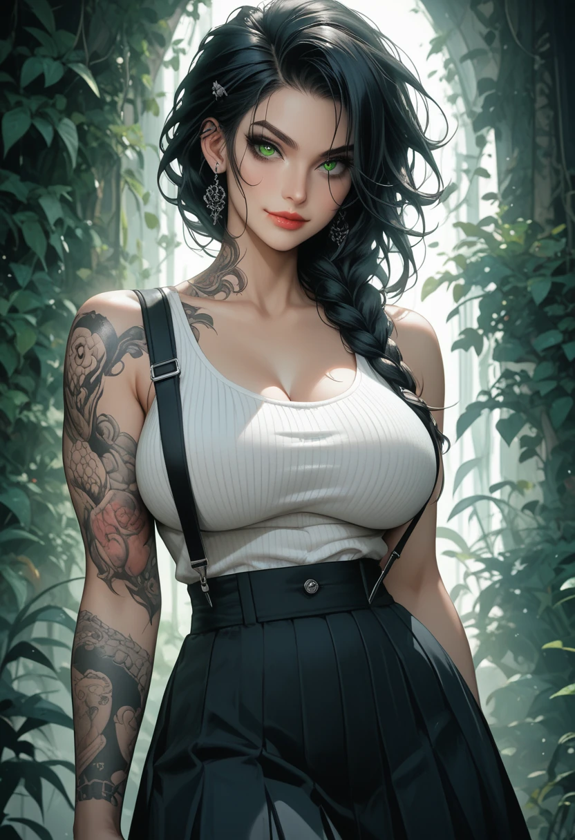 Realistic, 1girl, curvaceous, blue hair, red eyes, glowing eyes, cropped top, plunging neckline, high waisted skirt, with side slit, ripped clothing, parted lips, irezumi tattoos, blush, night, flowers, sunset, sunlight, big breasts, thick muscular legs, Azur route Saint Luce, in the style of vintage pinup posters
