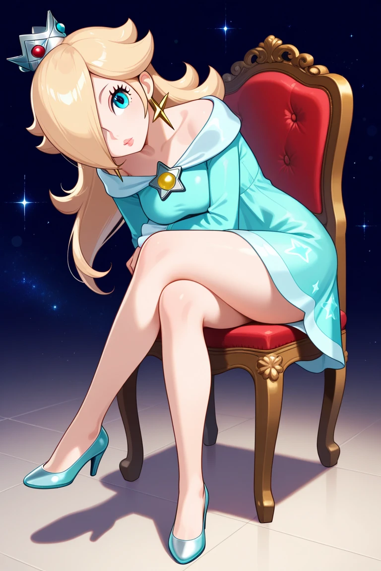 Rosalina of "Mario Series", yellow hair, annoyed, flushed, Blue dress, With one hand she lifts her dress to show her panties, sexy blue panty, from below, head on, shackles on his neck and hands, In a castle, surrounded by treasures, chained, POV: I look at her.