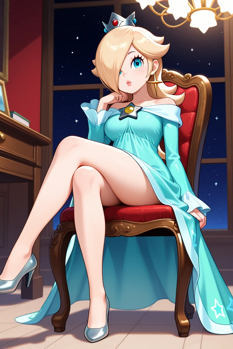 ((high detailed, best quality, 4k, masterpiece, hd:1.3)), Rosalina, blue eyes, BREAK blue eyes, seductive, attractive, sexy smile, smooth anime cg art, 36C breasts, long legs, vivid colors, detailed digital art, slim body, perfect skin, blonde hair, hair over one eye, long hair, BREAK crown, cleavage, 36C cleavage, looking at viewer, BREAK looking at viewer, extremely detailed face, blue dress, blue dress, blue dress, earrings, star earrings, jewelry, gem, dark black makeup lips, dark gothic eyeshadows, dark eyeshadows, black eyeshadows, black sexy lips, black lips, (dark:1.2), dark lips, very dark lips, (perfect hands, perfect anatomy), black makeup, black medium lips, black thick lips, detailed fingers, five fingers per hand, 5 fingers, (1 girl), detailed lips, detailed black lips, black painted lips, gothic painted lips, BREAK night, (breast focus), (arms outstreched:1.2), (breasts out:1.3), laying on bed, bedroom, blue bedroom