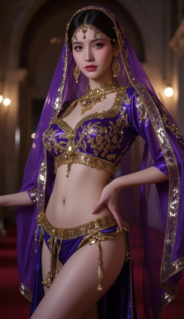 (realistic:1.3), Crazy details, quality, (Masterpiece:1.2), (photorealistic:1.2), (best quality), (Beautiful skin:1.3), (complicated details), Ray tracing, ((full body)), ((ผู้หญิง 1 person)), (((1 person))), 25 years old, short hair, smile, purple dress, patterned skirt, Contrasting colors between dresses and skirts, skirt pattern, earring, necklace, Javanese jewelry, (background), photographer,small tits, ,bare chest.Nude,Show off your beauty .topless.The skirt opened up, showing off a very hairy pussy..