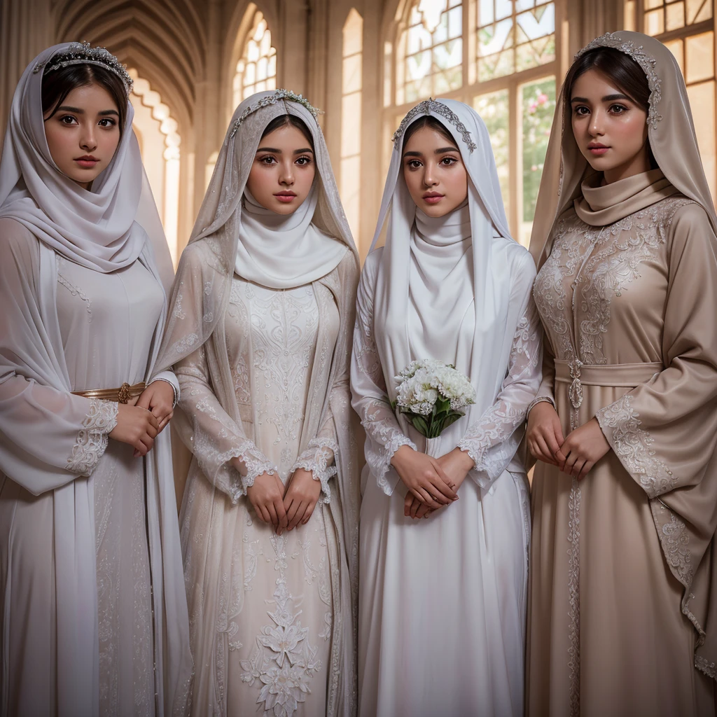 there is a woman in hijab and transparent dress, middle eastern skin, gold transparent hijab, gold pashmina hijab, gold hijab, Girls wear transparent silk and gold jewelry, transparent white silk robes, their faces are smiling, their expressions are happy and smiling. looking at camera, cinematic, ((masterpiece)), ((best quality)), 8k, high detail, very detailed, seven beautiful girls, shari hijab, pashmina hijab, hijab, Girls wear transparent silk and gold jewelry, white silk transparent robes, their faces looked for laughter, laughter, their expressions were happy and smiling. looking at camera, cinematic, inside the golden palace, UHD, ultra high resolution, Photorealistic,