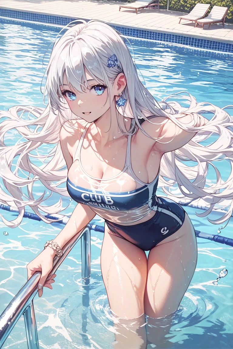 Silver-haired blue eyes、 girl、Small breasts、Twin tails、Laughter、Nico Nico Smile、Wink、 girl、Looks about 15 years old、Petan Musume、short、There are highlights on the eyes、Coming to the pool、Wear a cute swimsuit、Sliding down the slider、Gal-like appearance、Wearing piercings