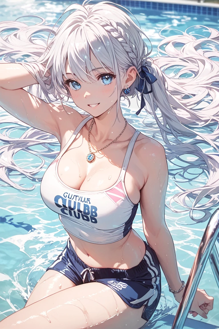 (((masterpiece))), ShizukaMikazuki, One Girl, alone, Looking at the camera, Long Hair, Gray Hair, Long sleeve, Cleavage, Very large breasts, Mature Body,Adult face,clavicle, Jacket, Open clothes, open Jacket, blue hoodie, Black sports bra, Black hot pants, choker with a charm,Play sports often,bicycle,Clear light blue eyes, Blushing,High Ponytail,Navy blue ribbon,smile,Troubled expression,Earrings,Golden navel piercing,Park at dusk, Holding a sports drink