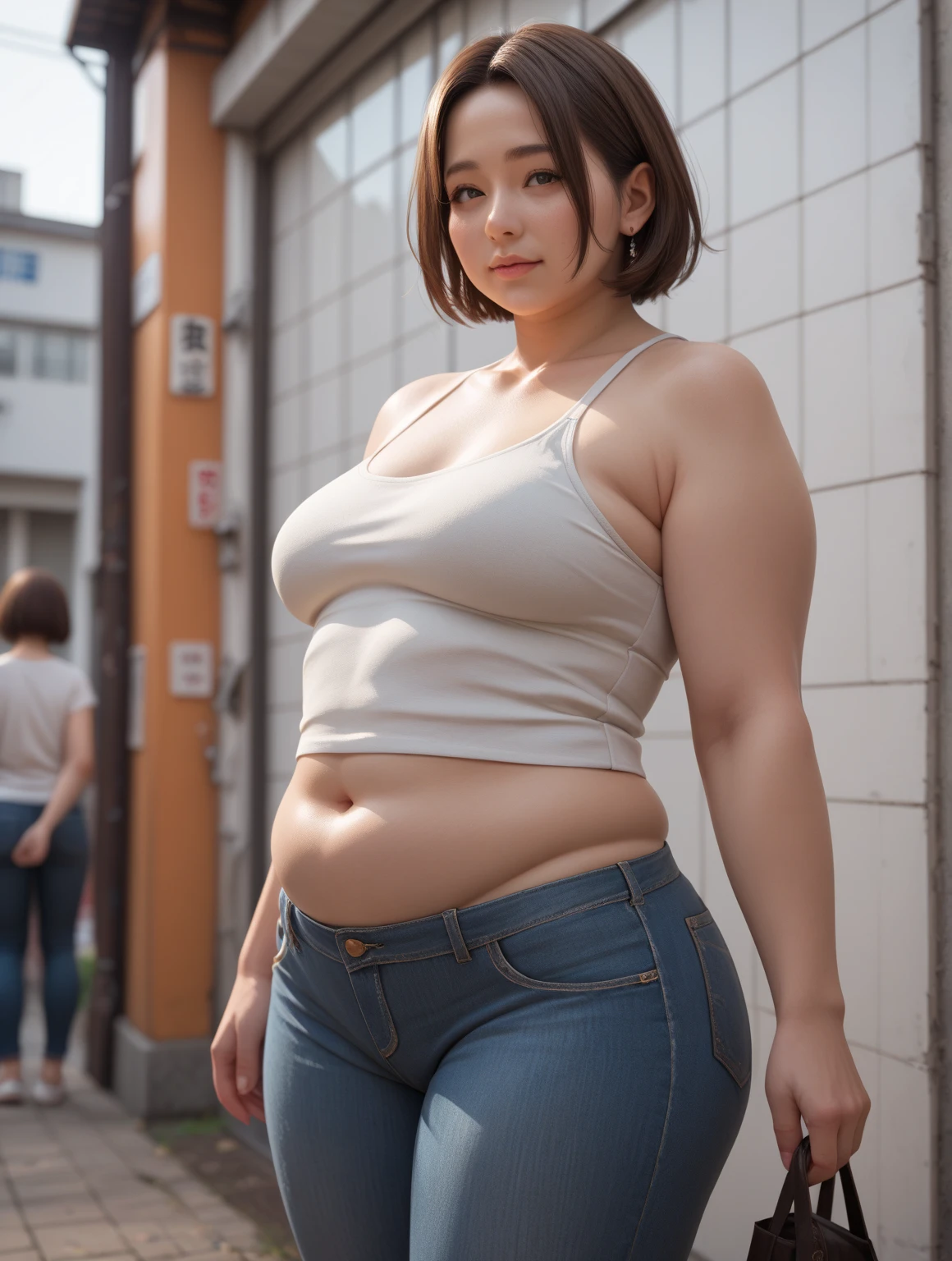 Straight face、Beautiful thighs、Generate up to the head、Emphasize the breasts、Glasses、Spread your legs、Japanese、Extremely short hair、Chubby、A little fat、I'm a little fat、Narrow eyes、Single eyelid、Squinting eyes、Black-rimmed glasses、Heavy bangs、Bangs hanging over the eyes、Facing forward、Pants Style、Office Background、He seems to have a lot of pride.、Height 150cm Weight 65kg、Spaced out、looking at the camera、round face、stand up、Blind with bangy hair is so short、Generate the whole body、upright、Stuffy、Blue pants、