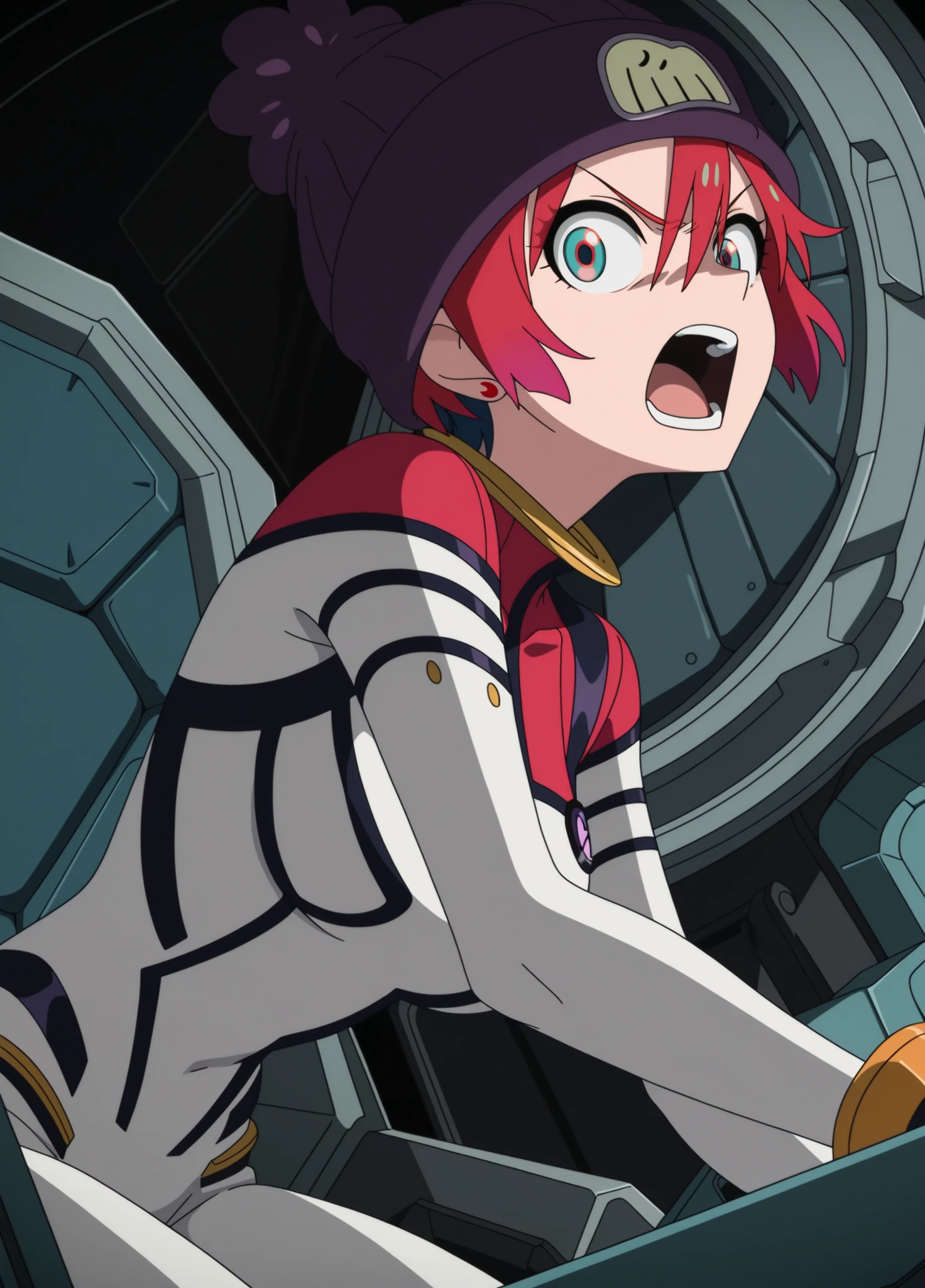 simple background, white background,
anime screencap,anime coloring,

head tilt, dynamic pose, dutch angle,
(masterpiece, best quality:1.2),


machu6, 1girl, solo, hat, red hair,beanie, short hair, looking at viewer, red eyes, gloves, blue eyes, bodysuit,cowboy shot, open mouth, angry, cockpit, screaming, red bodysuit,,white bodysuit, sitting, leaning forward,
from side, medium breasts,



