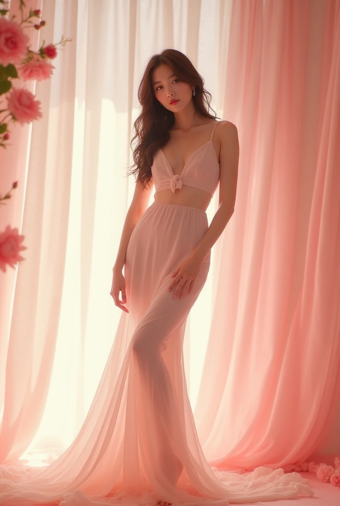 a woman in pink long sheer skirt, gr3ysh33r very sensual posing