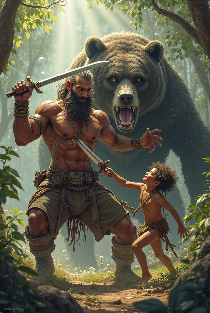 Draw a group of ancestral warrior men from the enchanted forest. These warriors are of small stature, but their bodies are muscular and firm. They use leaves, twigs and tree bark to create clothes that blend seamlessly with the environment. They are masters at camouflaging themselves and move silently like the animals of the forest. Sunlight streams through the trees. The image should convey courage, strength and determination while capturing the beauty of nature and the magic of the enchanted forest.