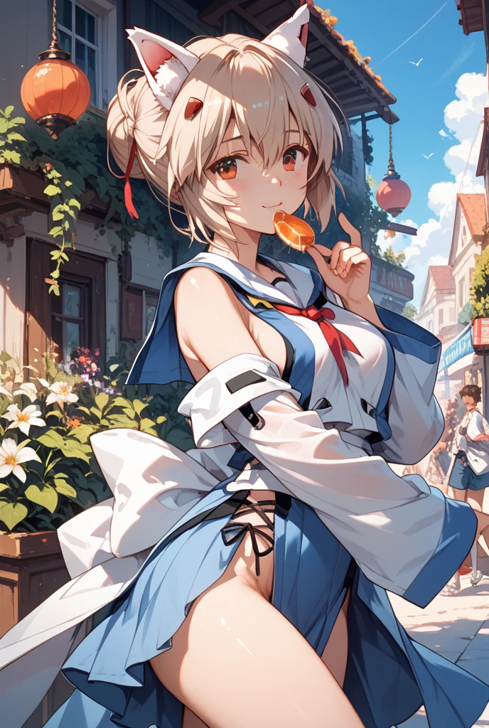 score_9, score_8_superior, score_7_superior, masterpiece, best quality, absurdres, high_fidelity, vibrant, sauce_anime, evaluation_Safety, rating_explicit, White haired cat ear girl, Straight, Viewer Perspective, Reaching out, Adorable, Sailor suit, white panties, Cat taill, under breasts, cowboy shot