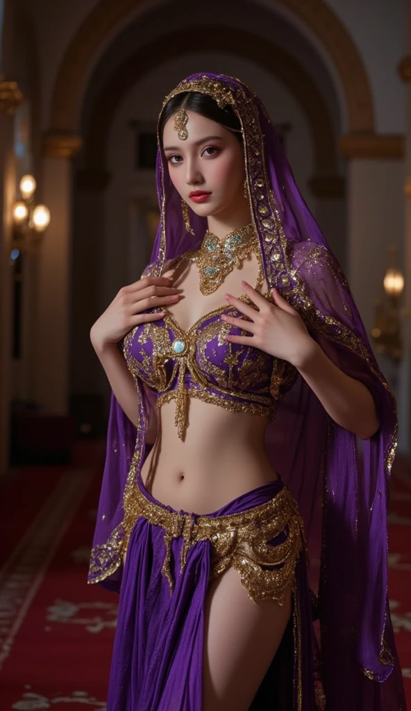 colorful, null, Flowers, Magic, Fantasy, That, Highest quality,beautiful detailed hijabi,Fascinating face,Tzuyu loves YooA ,Long eyelashes,Wearing a colorful bellydancer,Detailed explanation,huge ,With cleavage, Underbust, Side bust,Looking into the camera、Java Castle