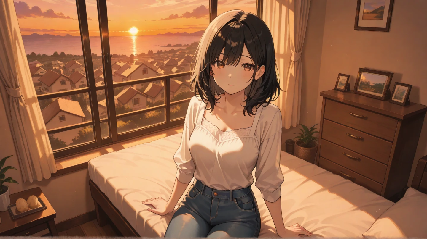 sunset, depth of fields、high resolution details, ultra-detailed、filming、surrealism、Soft volumetric light、(1 black girl with dark skin and realistic brown eyes ) 、Ray tracing、diffused (glass reflection)、surrealism,(sitting on a bed looking sideways out window:1.3)、Sun in the west coming through the glass of the window、House scenery, 45 degree profile, frowning