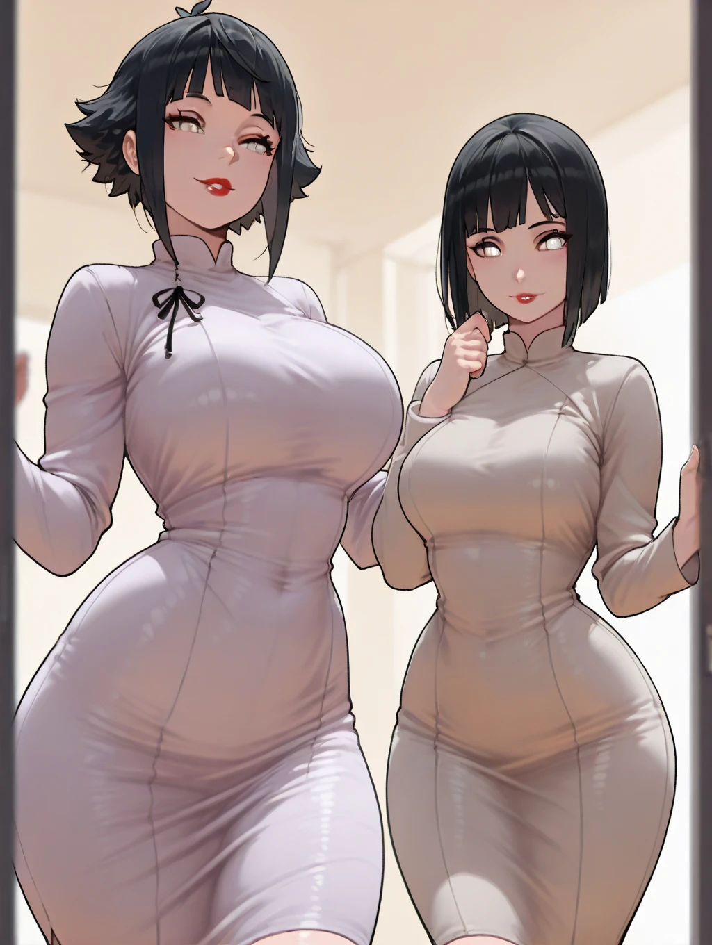 masutepiece, Best Quality, absurderes, Illustration, 8K, perfect shadow,Perfect Lighting,nffsw, Ambient lighting,Realistic, Ultra-realistic, Cowboy Shot, photographrealistic,(hyper realisitic:1) Textured skin,Shiny skin,Skindentation, Beautiful body, (blush:1.2) Momiji Mochizuki, Black turtleneck, Necklace, Short sleeves, Gray striped skirt, (Large breasts,Hourglass body, thin waist,very slim waist)extra detailed face,detailed eye makeup, Detail Face, Nice detailed eyes,nice hand, Perfect hands (Realistic pupils,realistic iris:1) heavy eye makeup,Glowing eyes, Bright eyes,Standing,standing at attention,(Evil smile) (Gradient gray background)