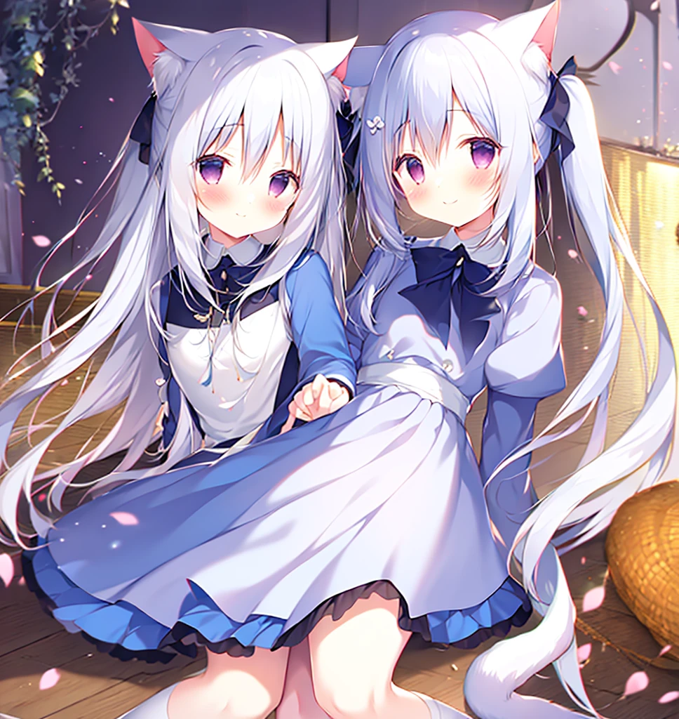 Wear sneakers，Masterpiece，long whitr hair，Extremely tall girls，A giantess，In the city，Full limbs，The face is delicate，White double ponytail，blue color eyes，White Lolita，Long-range shots，white stockings，There are cat ears on the head, white dresses， silber hair, cute anime waifu in a nice dress, cute big breasts,Chopstick legs，Slender calves，Slender，high-heels