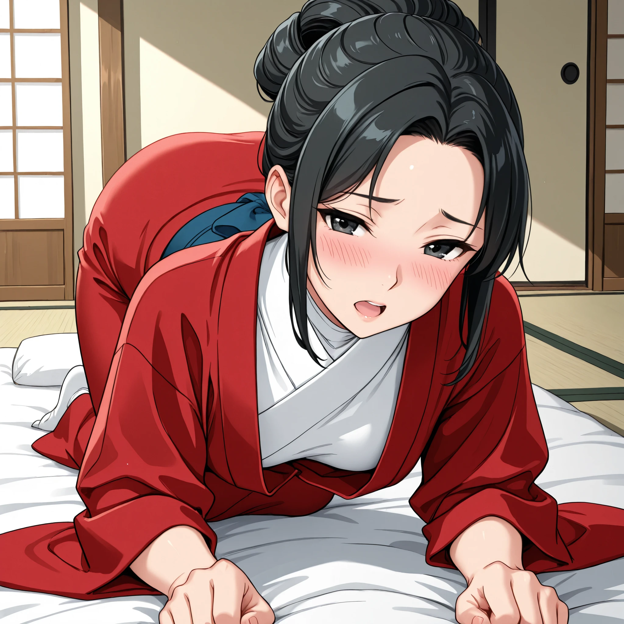 ((Highest quality)), ((masterpiece)), (detailed), (Perfect Face)、(The woman is a 12-year-old princess from the Sengoku period in Japan., Long black hair and a beautiful face Located in a luxurious samurai residence.、The woman is wearing a Japanese white kimono with a richly embroidered red shiny robe over it. The red robe worn by Japanese princesses Her hair is styled in a traditional Japanese hime cut. It is decorated with gorgeous ornaments from the Edo period., She is made to lie on her back on the futon and forced to have sex by a dirty old man, who thrusts his penis into her pussy, fucks her in the missionary position, and makes her give birth to a .