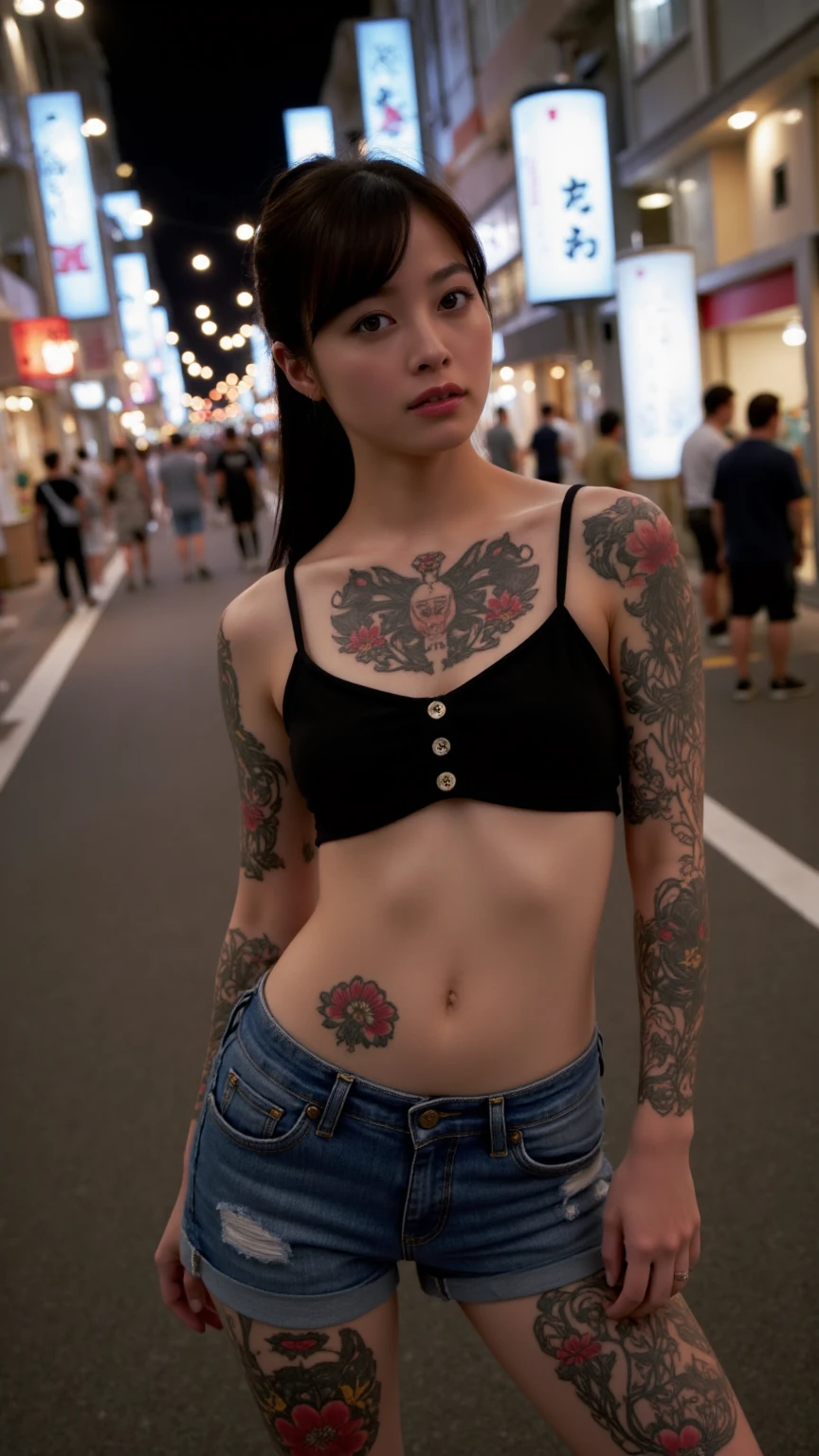 ((medium chest, tomboy girls, small head)),  (Chiseled abs : 1.1), (perfect body : 1.1), (short wavy hair : 1.2) , auburn hair, color, chain, full body shot, crowded street, wearing a black tank top, jeans jacket, (torn clothes:1.3)((shorts)), (very detailed CG 8k 벽지), (very delicate and beautiful), (masterpiece), (best quality:1.0), (ultra mackerel:1.0),  beautiful lighting ,perfect lightning, realistic shadows, [mackerel], detailed skin, very detailed (((fancy))),(tattoo everyone:1.5),